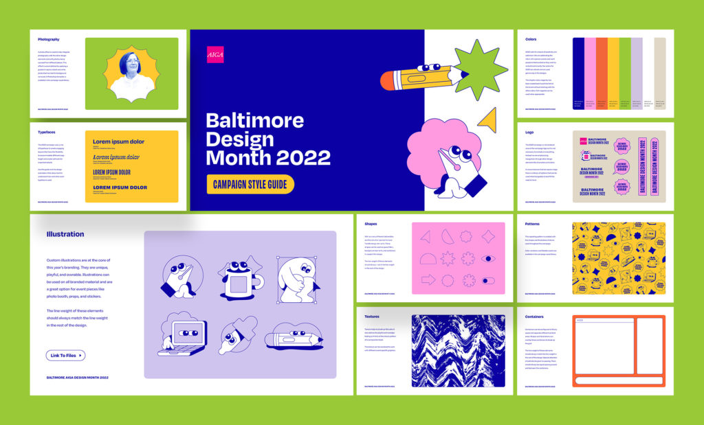 wide image of the many design elements and deliverables included in the design month branding